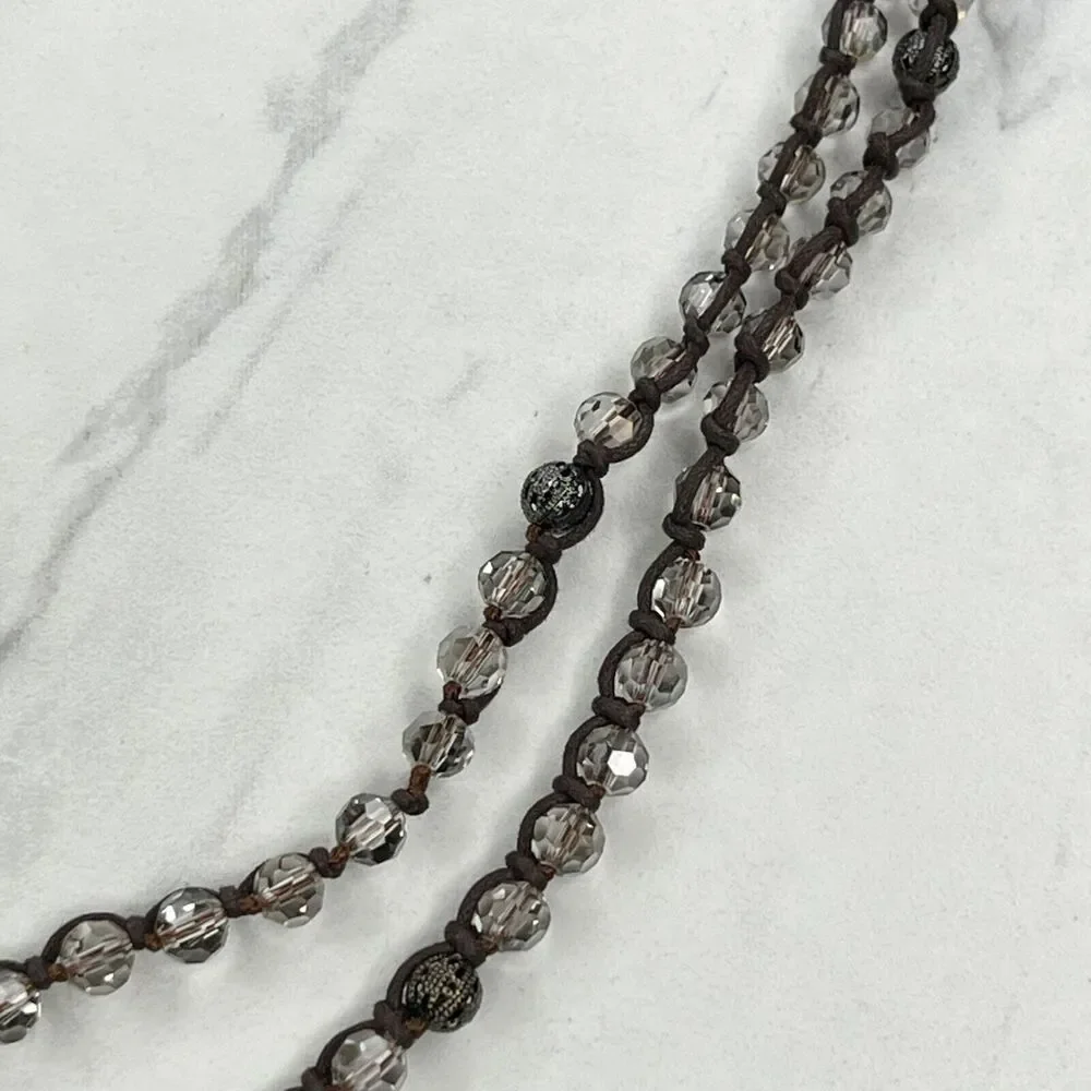 Chico's Double Strand Brown Cord Beaded Gold Tone Necklace